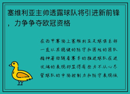 塞维利亚主帅透露球队将引进新前锋，力争争夺欧冠资格