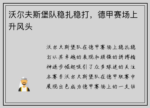沃尔夫斯堡队稳扎稳打，德甲赛场上升风头